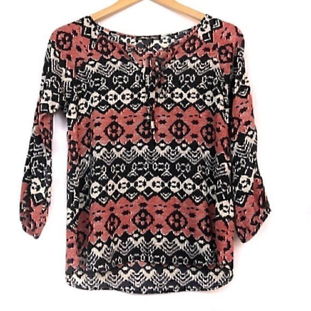 FUNKY SOUL Black Red Cream Ivory Aztec Boho Tribal 3/4 Sleeve Blouse Top Small S